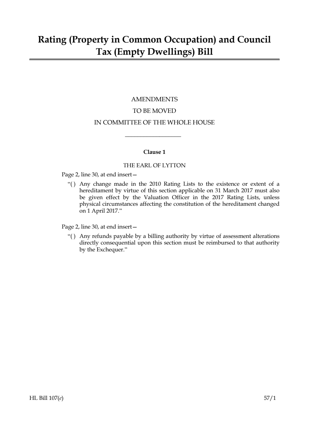 Rating (Property in Common Occupation) and Council Tax (Empty Dwellings) Bill Amendments to be moved in Committee of the Whole House