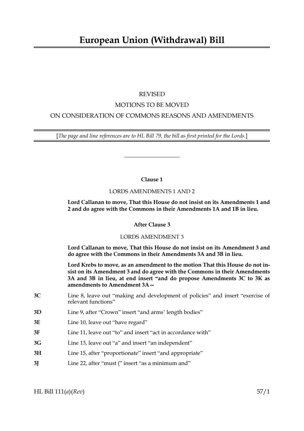 European Union (Withdrawal) Bill Revised motions to be moved on consideration of Commons reasons and amendments