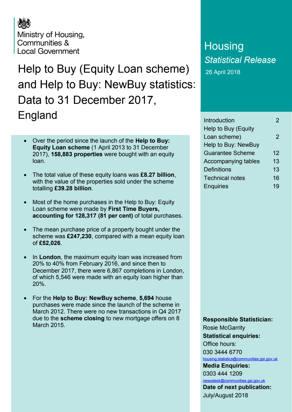 Help to Buy (Equity Loan scheme) and Help to Buy: NewBuy statistics: Data to 31 December 2017, England