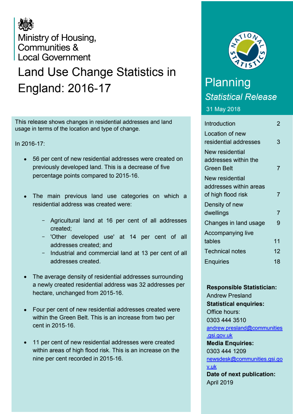 Land Use Change Statistics in England: 2016-17