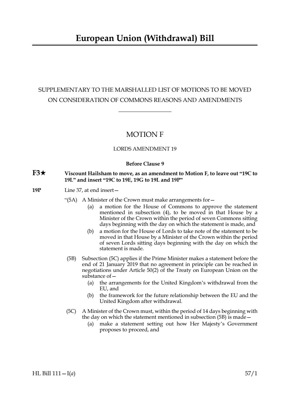 European Union (Withdrawal) Bill Supplementary to the marshalled list of motions to be moved on consideration of Commons reasons and amendments