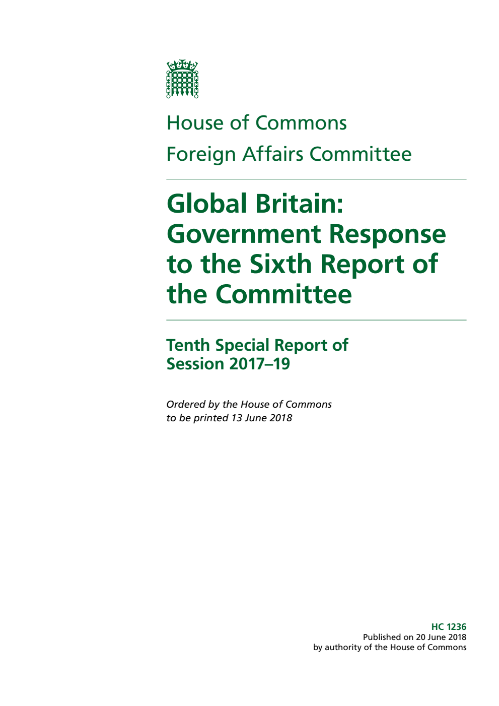 Foreign Affairs Committee 10th Special Report. Global Britain: Government Response to the Sixth Report of the Committee