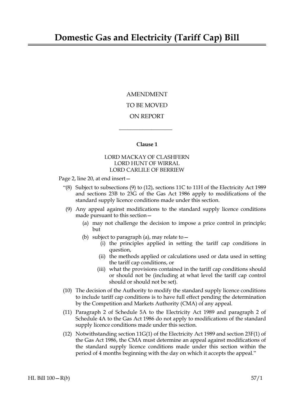 Domestic Gas and Electricity (Tariff Cap) Bill Amendment to be moved on report