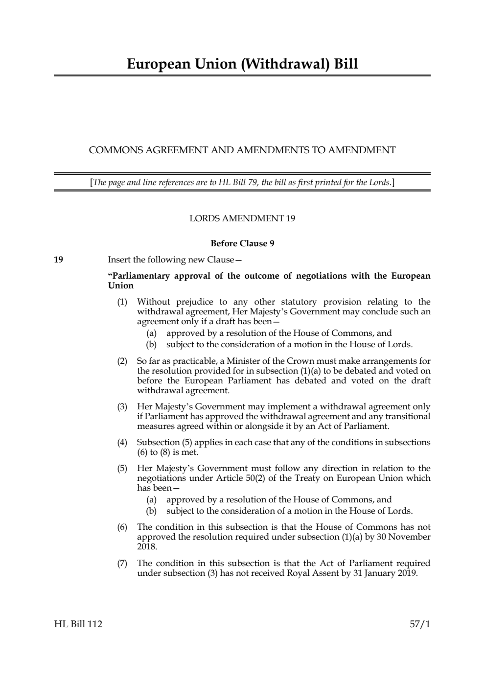 European Union (Withdrawal) Bill Commons agreement and amendments to amendment