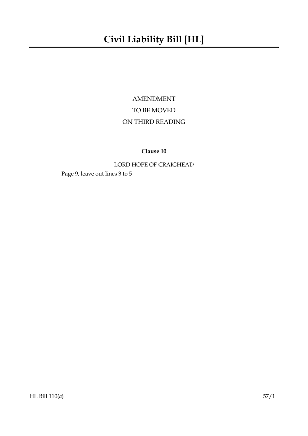 Civil Liability Bill Amendment to be moved on third reading