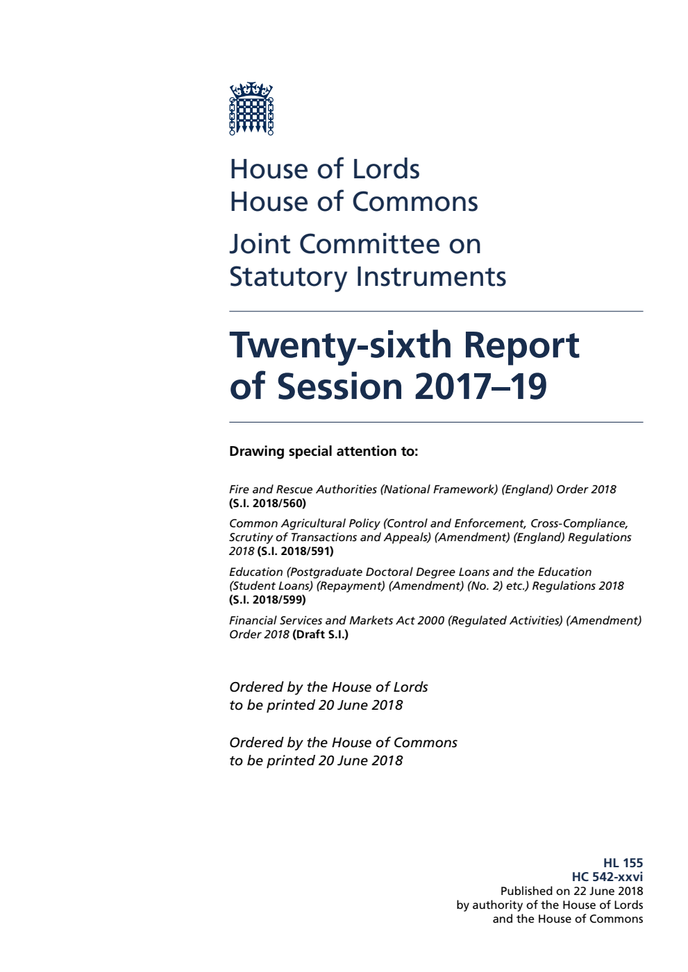 Statutory Instruments Joint Committee 26th Report of Session 2017–19