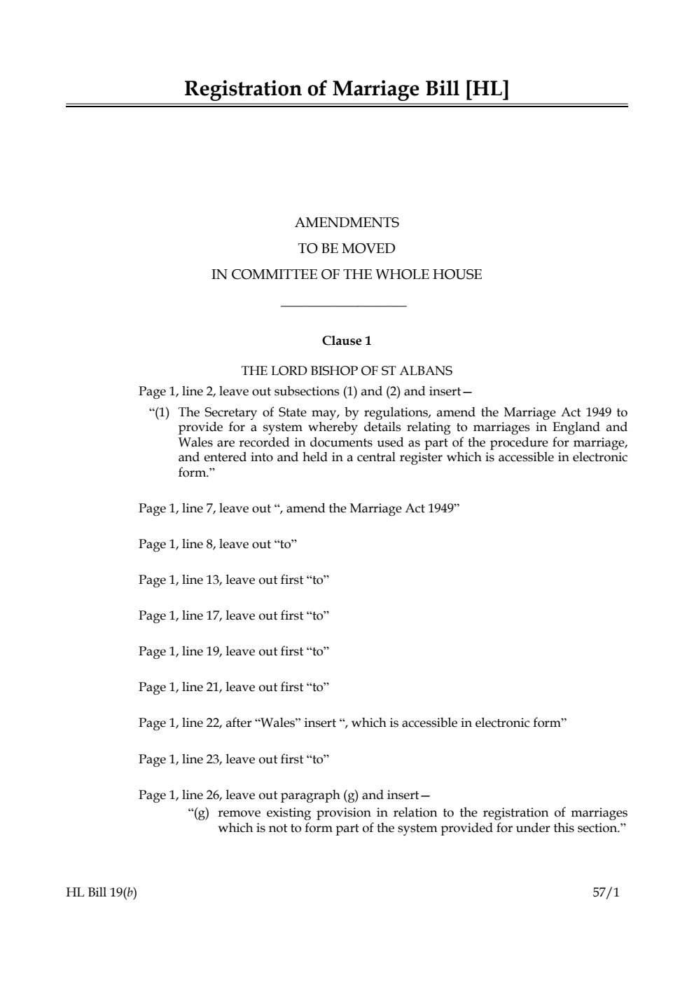 Registration of Marriage Bill Amendments to be moved in Committee of the Whole House