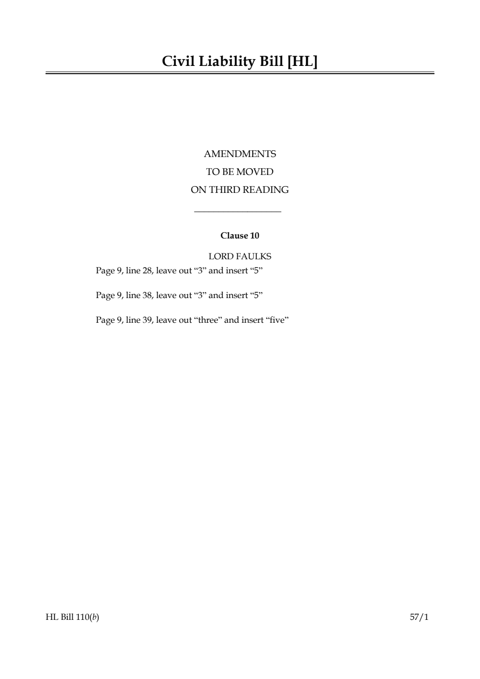 Civil Liability Bill Amendments to be moved on third reading