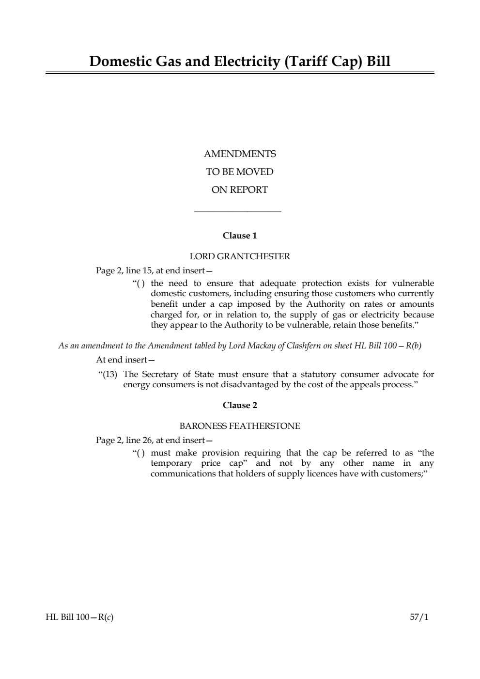 Domestic Gas and Electricity (Tariff Cap) Bill Amendments to be moved on report