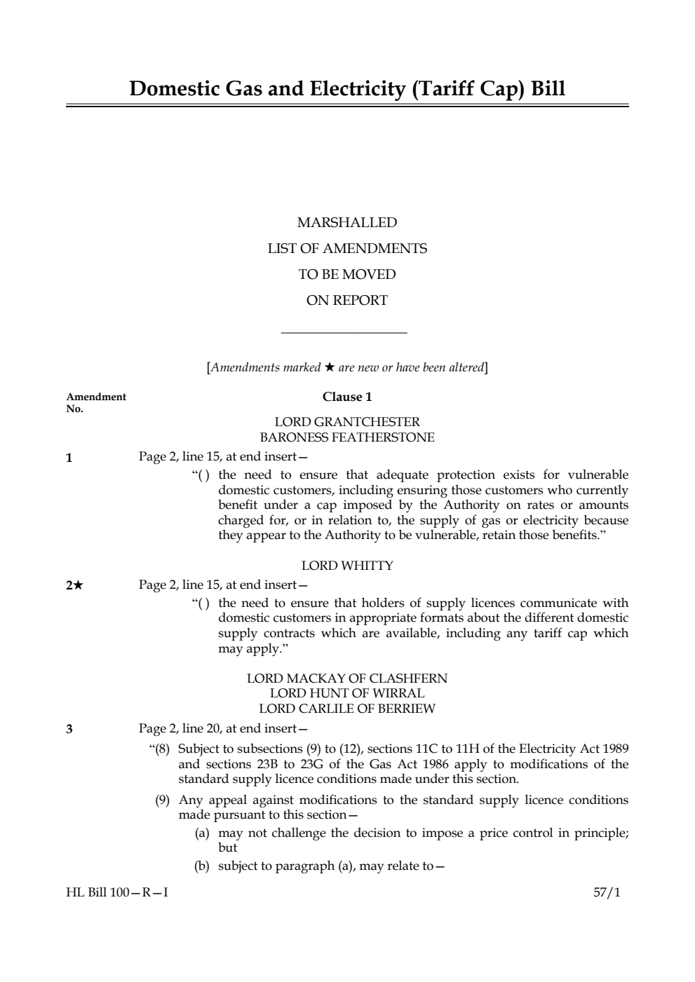 Domestic Gas and Electricity (Tariff Cap) Bill Marshalled list of amendments to be moved on report