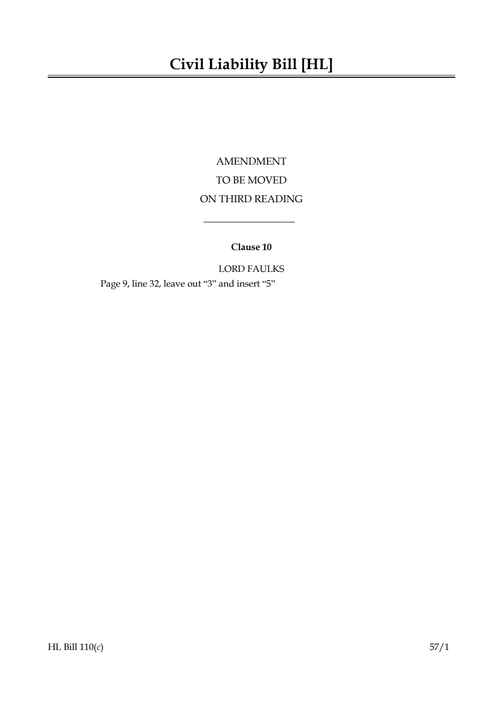 Civil Liability Bill Amendment to be moved on third reading