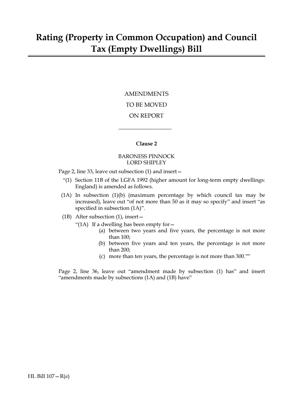 Rating (Property in Common Occupation) and Council Tax (Empty Dwellings) Bill Amendments to be moved on report