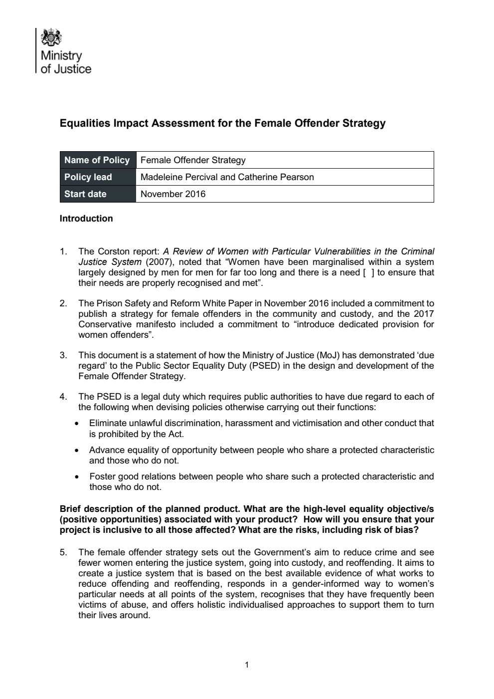 Female Offender Strategy. June 2018 - Additional Document, Impact Assessment