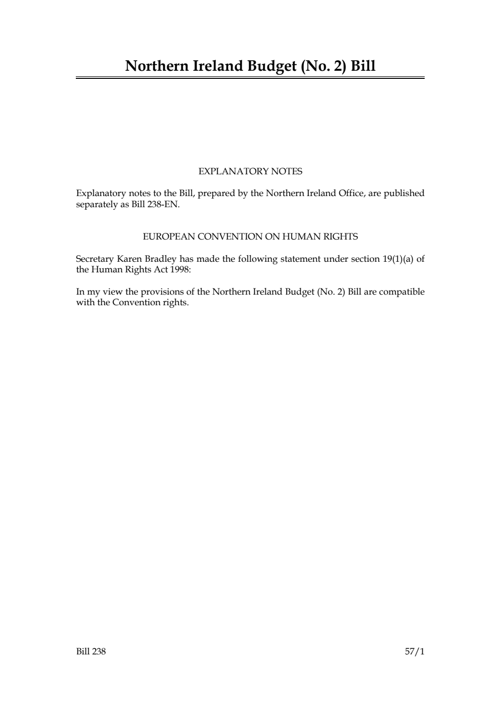 Northern Ireland Budget (No. 2) Bill