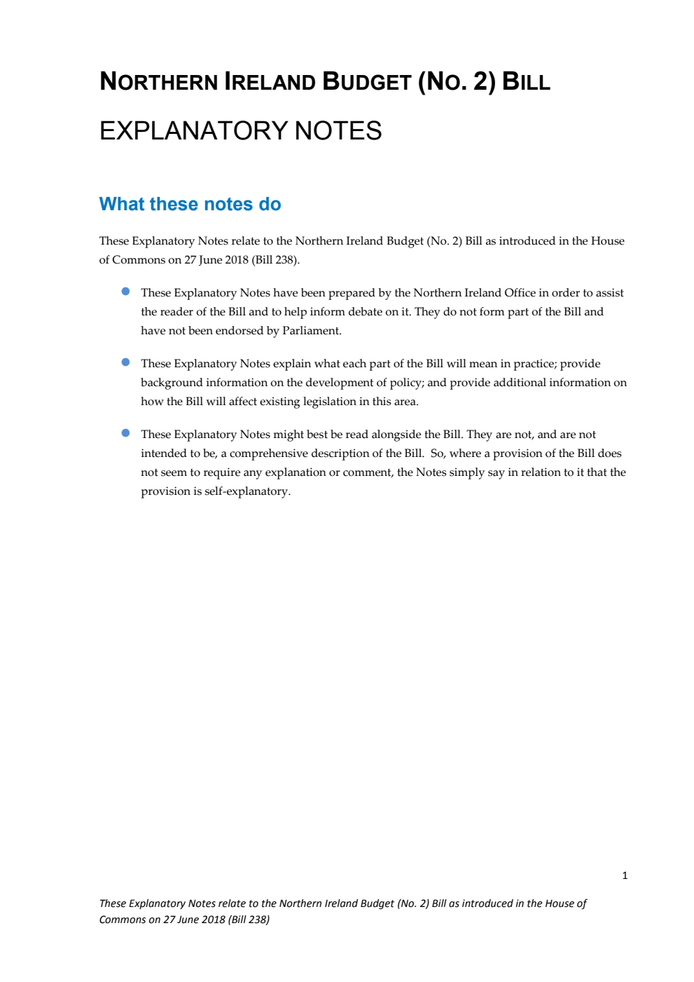 Northern Ireland Budget (No. 2) Bill Explanatory Notes