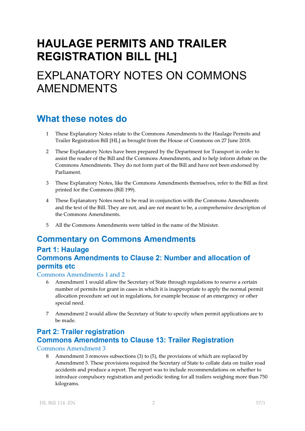 Haulage Permits and Trailer Registration Explanatory Notes on Commons Amendments