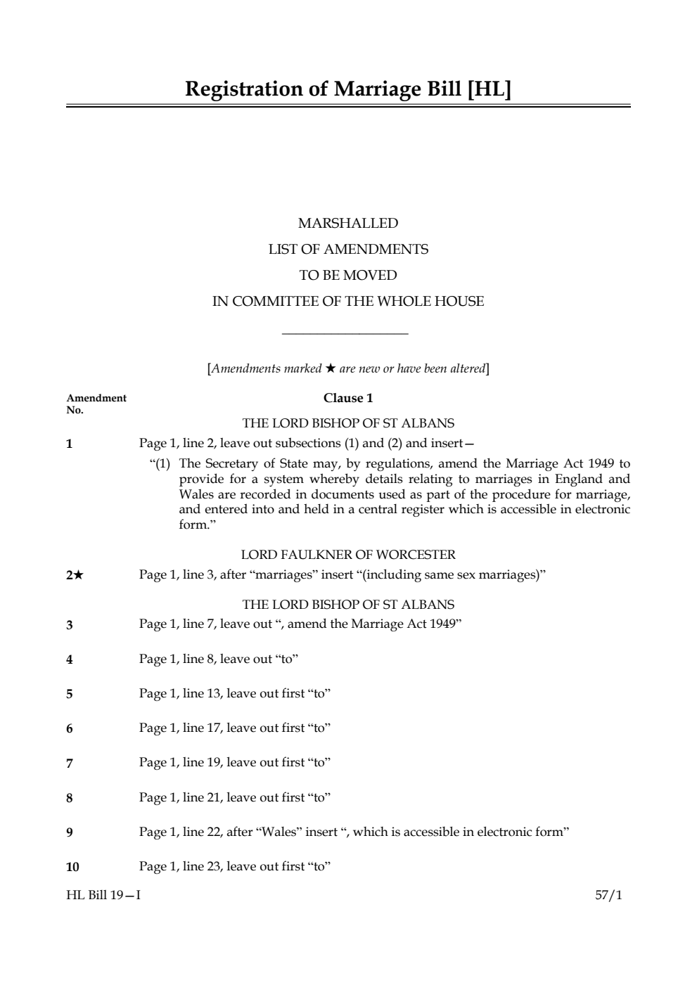 Registration of Marriage Bill Marshalled list of amendments to moved in Committee of the Whole House