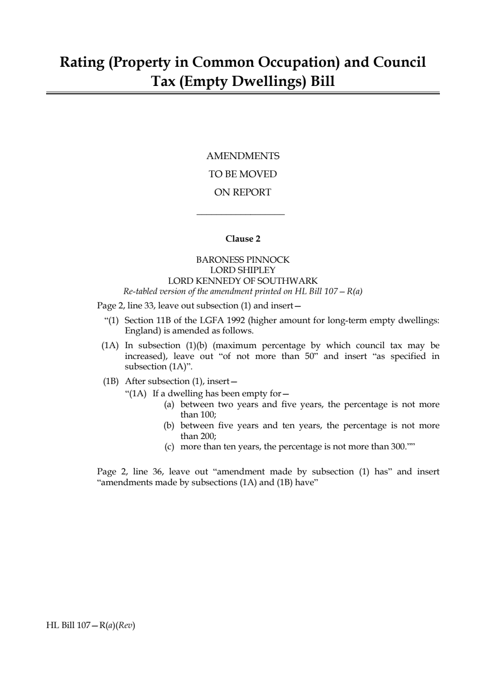Rating (Property in Common Occupation) and Council Tax (Empty Dwellings) Bill Amendments to be moved on report