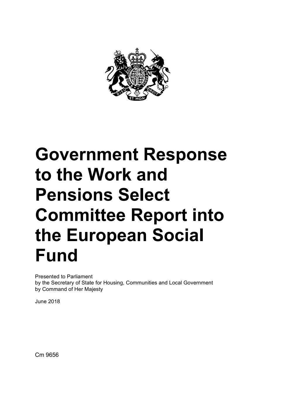 Government response to the Work and Pensions Select Committee Report into the European Social Fund