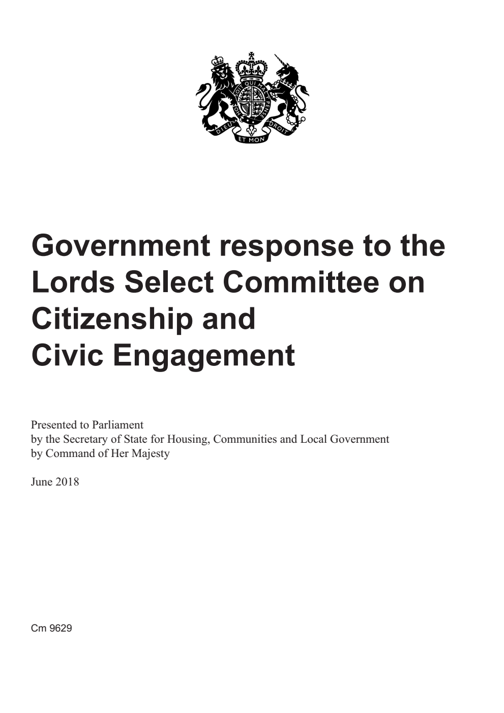 Government response to the Lords Select Committee on Citizenship and Civic Engagement