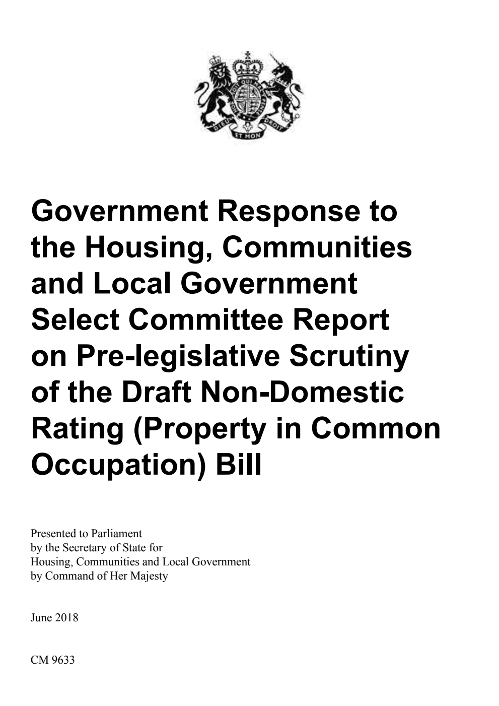 Government Response to the Housing, Communities and Local Government Select Committee Report on Pre-legislative Scrutiny of the Draft Non-Domestic Rating (Property in Common Occupation) Bill