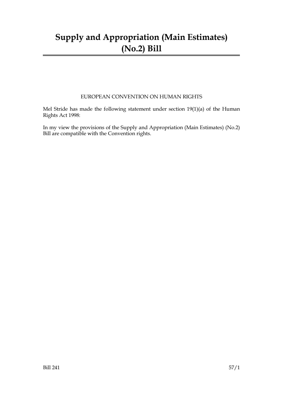 Supply and Appropriation (Main Estimates) (No.2) Bill