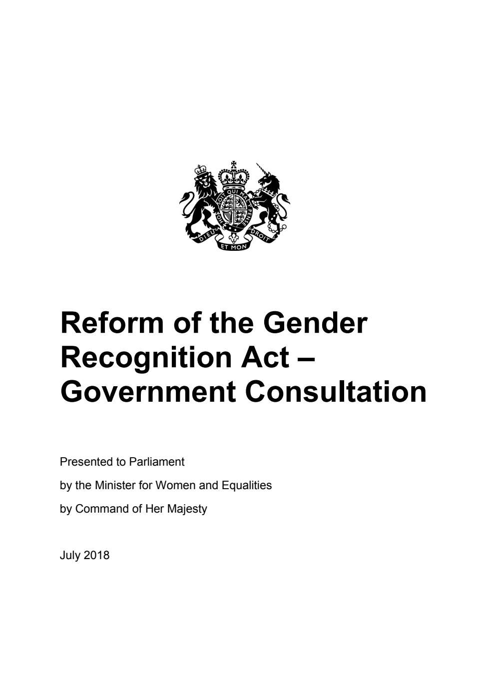 Reform of the Gender Recognition Act – Government Consultation. July 2018