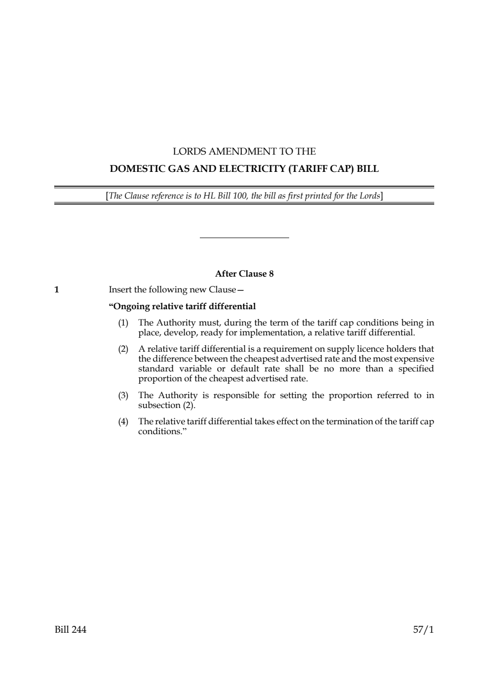 Lords amendment to the Domestic Gas and Electricity (Tariff Cap) Bill