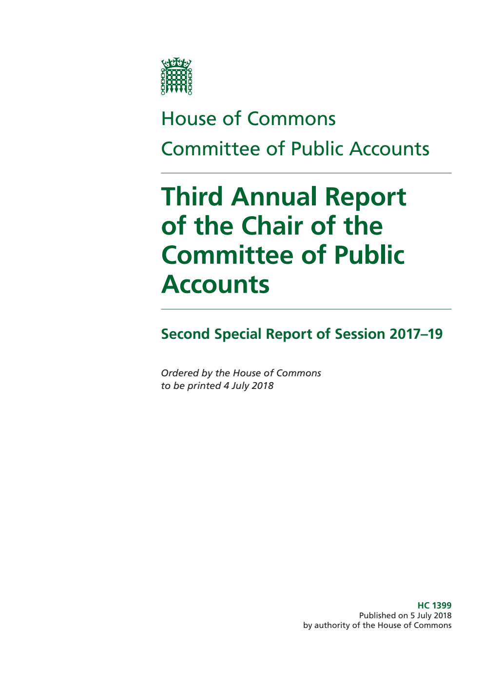 Public Accounts Committee 2nd Special Report. Third Annual Report of the Chair of the Committee of Public Accounts
