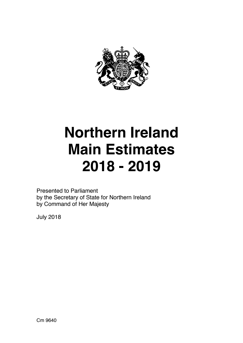Northern Ireland Main Estimates 2018 – 2019