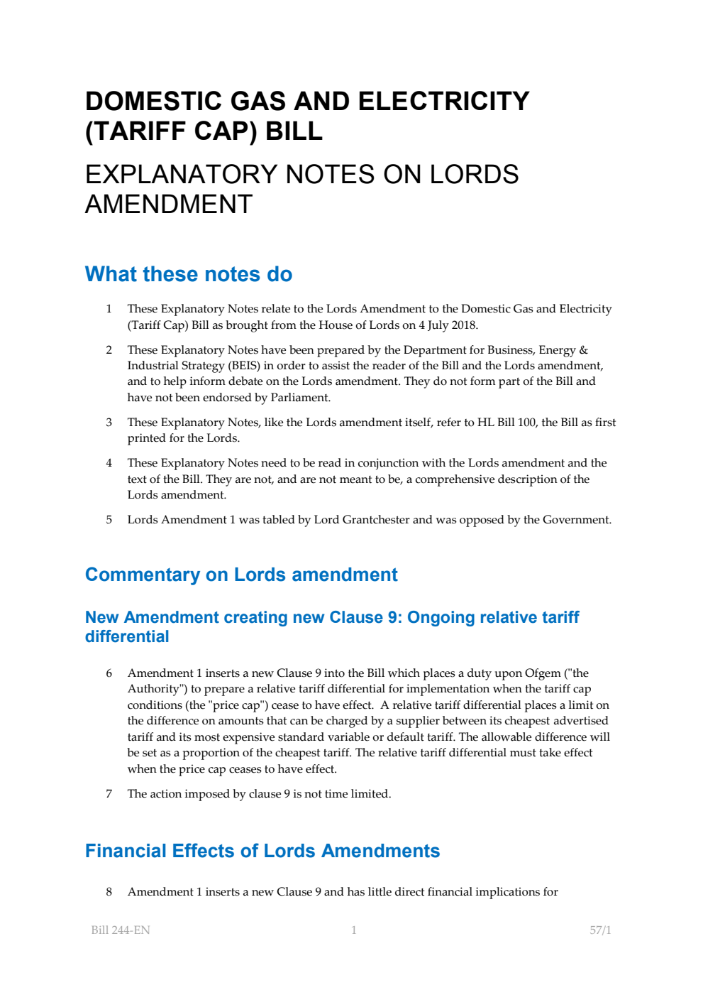 Domestic Gas and Electricity (Tariff Cap) Bill Explanatory Notes on Lords amendment