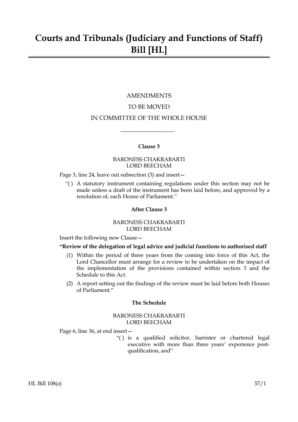 Courts and Tribunals (Judiciary and Functions of Staff) Bill Amendments to be moved in Committee of the Whole House