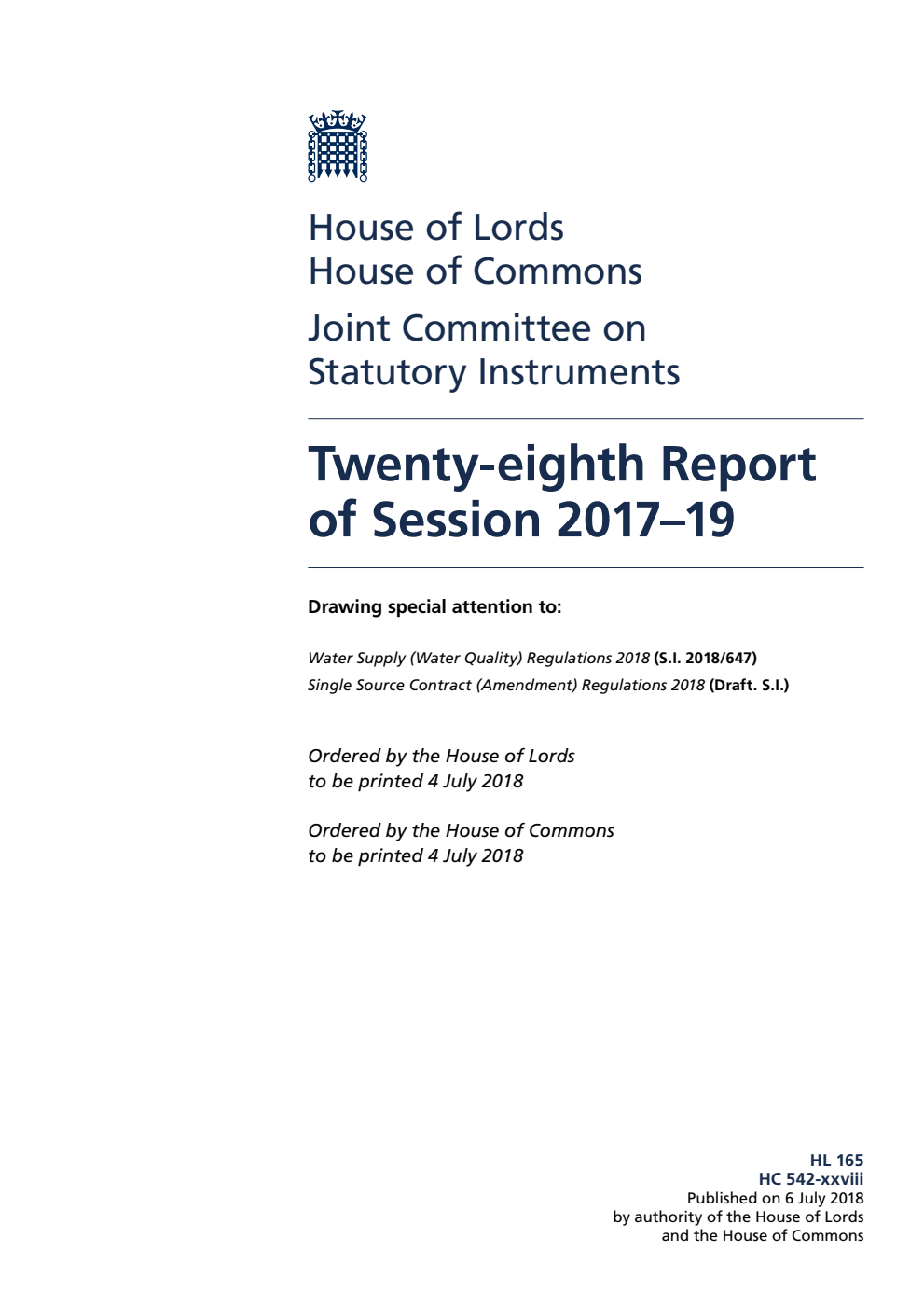 Statutory Instruments Joint Committee 28th Report of Session 2017–19