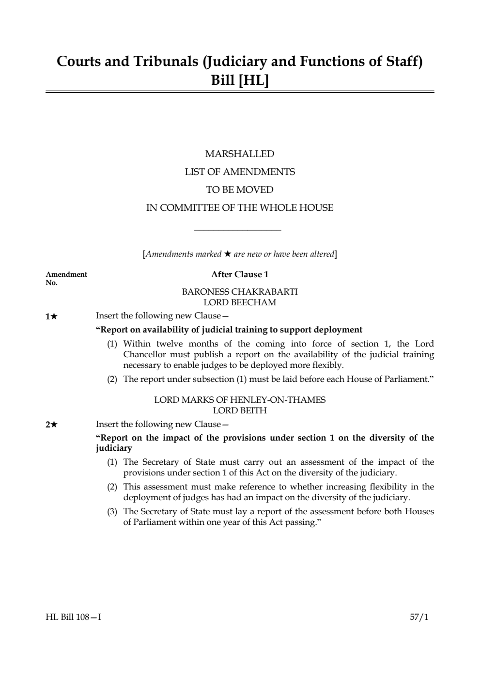 Courts and Tribunals (Judiciary and Functions of Staff) Bill Marshalled list of amendments to be moved in Committee of the Whole House