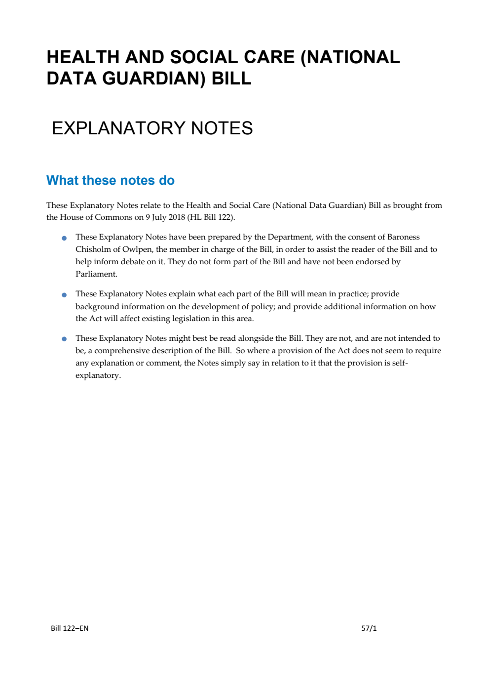 Health and Social Care (National Data Guardian) Bill Explanatory Notes