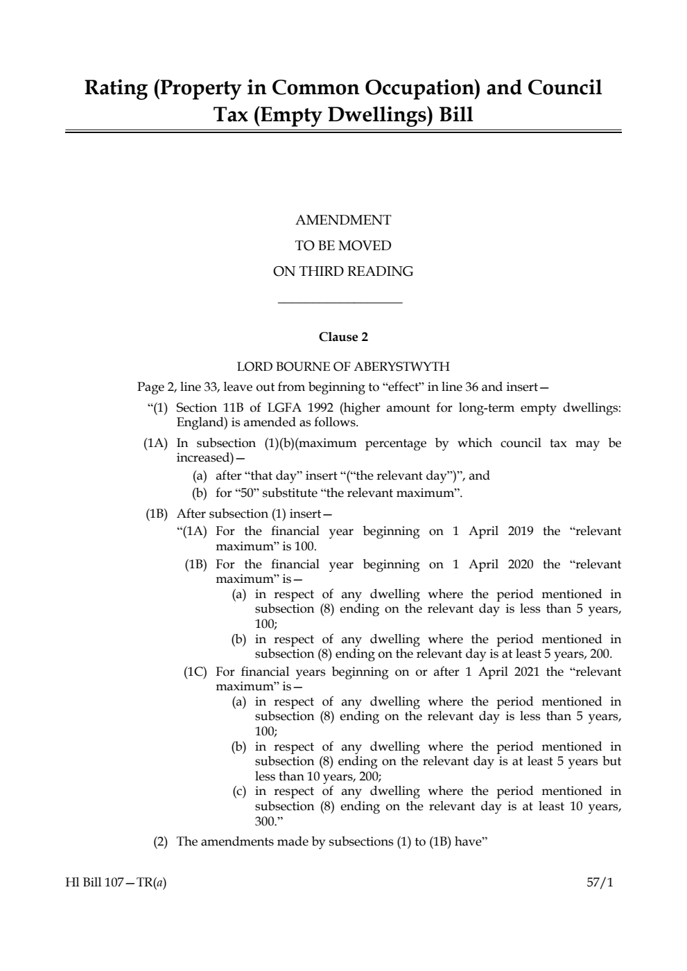 Rating (Property in Common Occupation) and Council Tax (Empty Dwellings) Bill Amendment to be moved on third reading