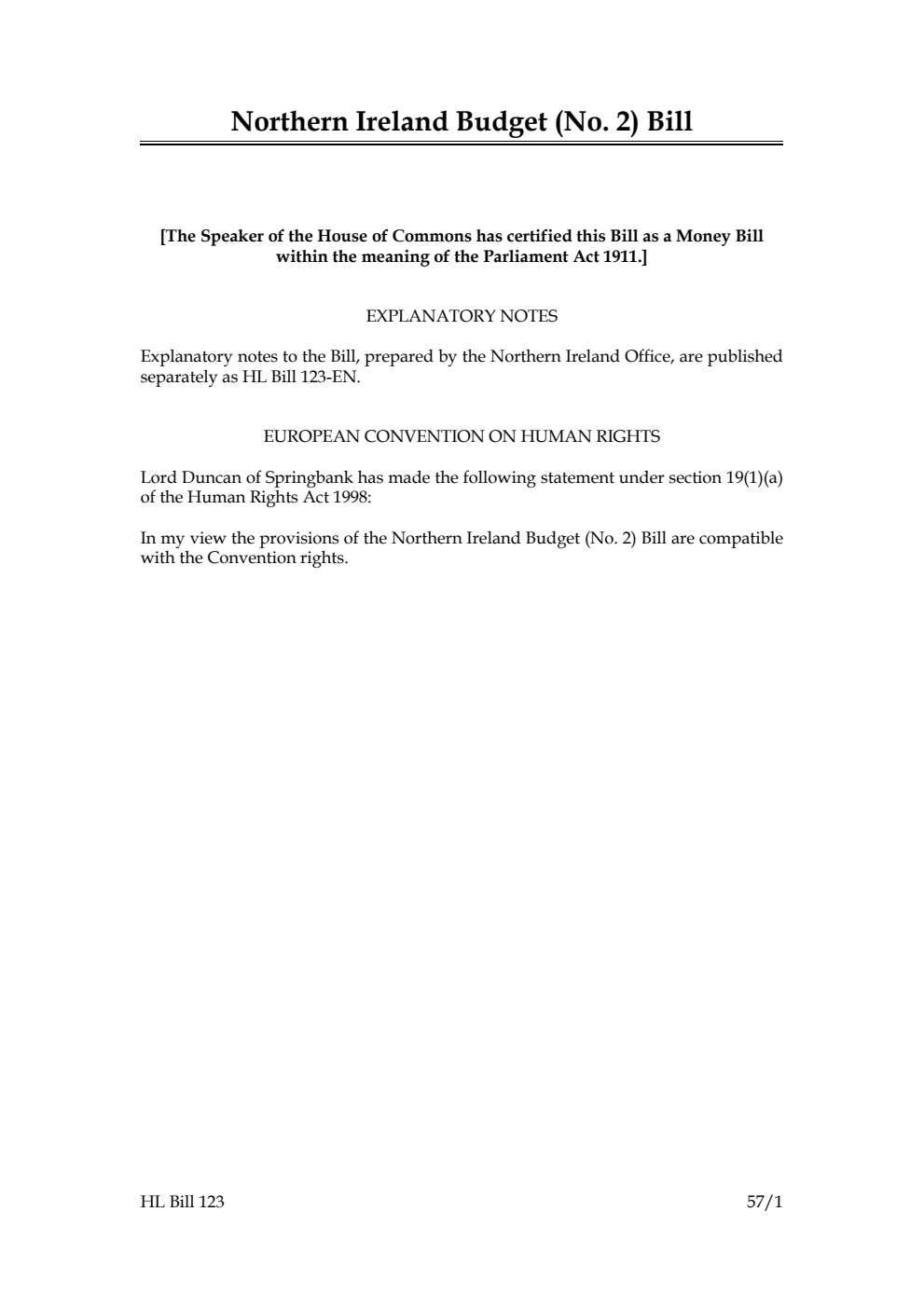 Northern Ireland Budget (No. 2) Bill