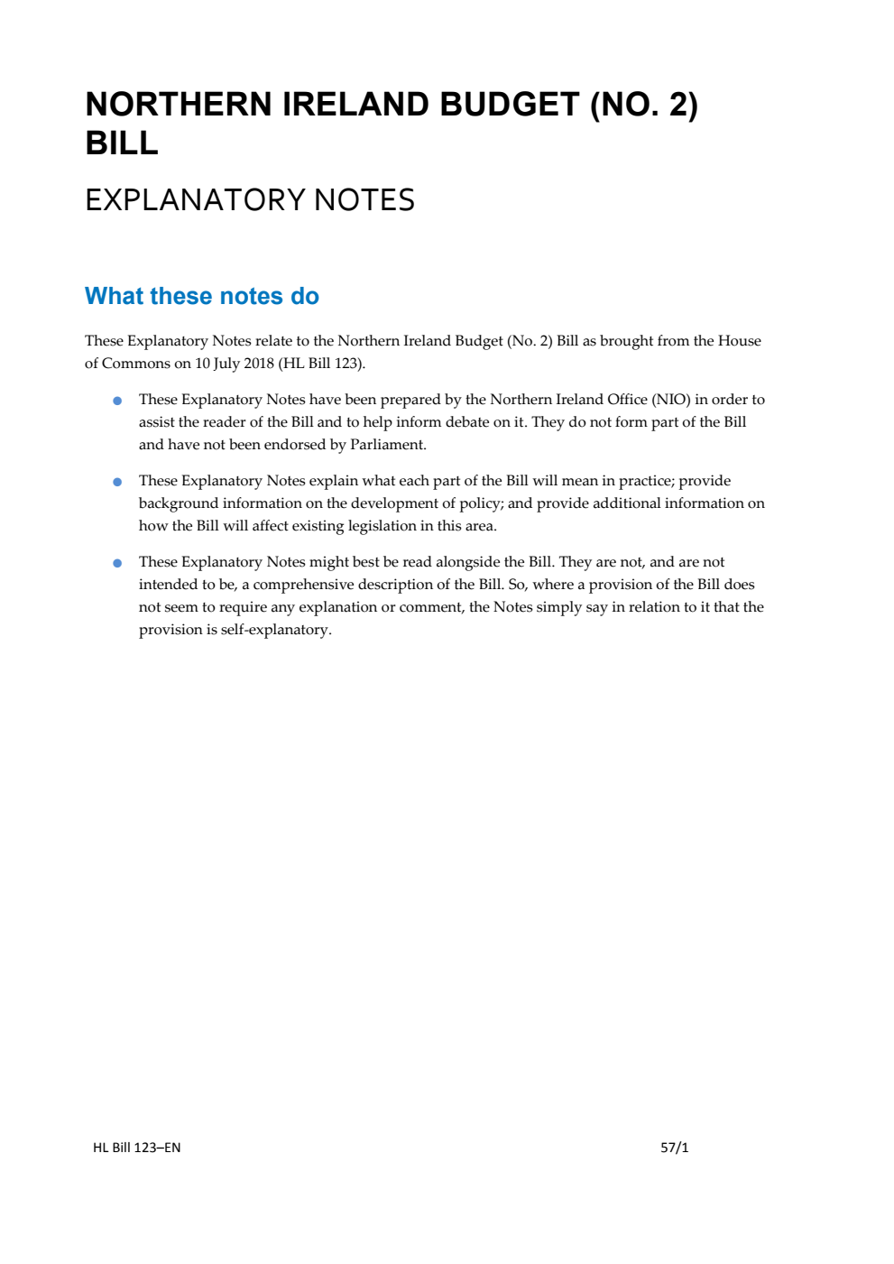 Northern Ireland Budget (No. 2) Bill Explanatory Notes