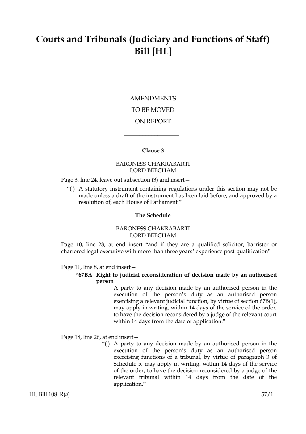 Courts and Tribunals (Judiciary and Functions of Staff) Bill Amendments to be moved on report