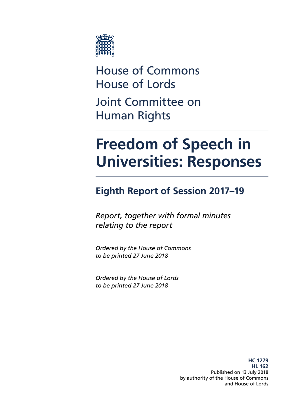 Human Rights Joint Committee 8th Report. Freedom of Speech in Universities: Responses