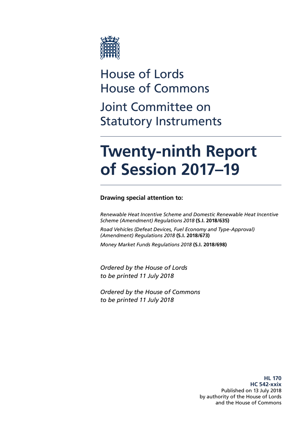 Statutory Instruments Joint Committee 29th Report of Session 2017–19