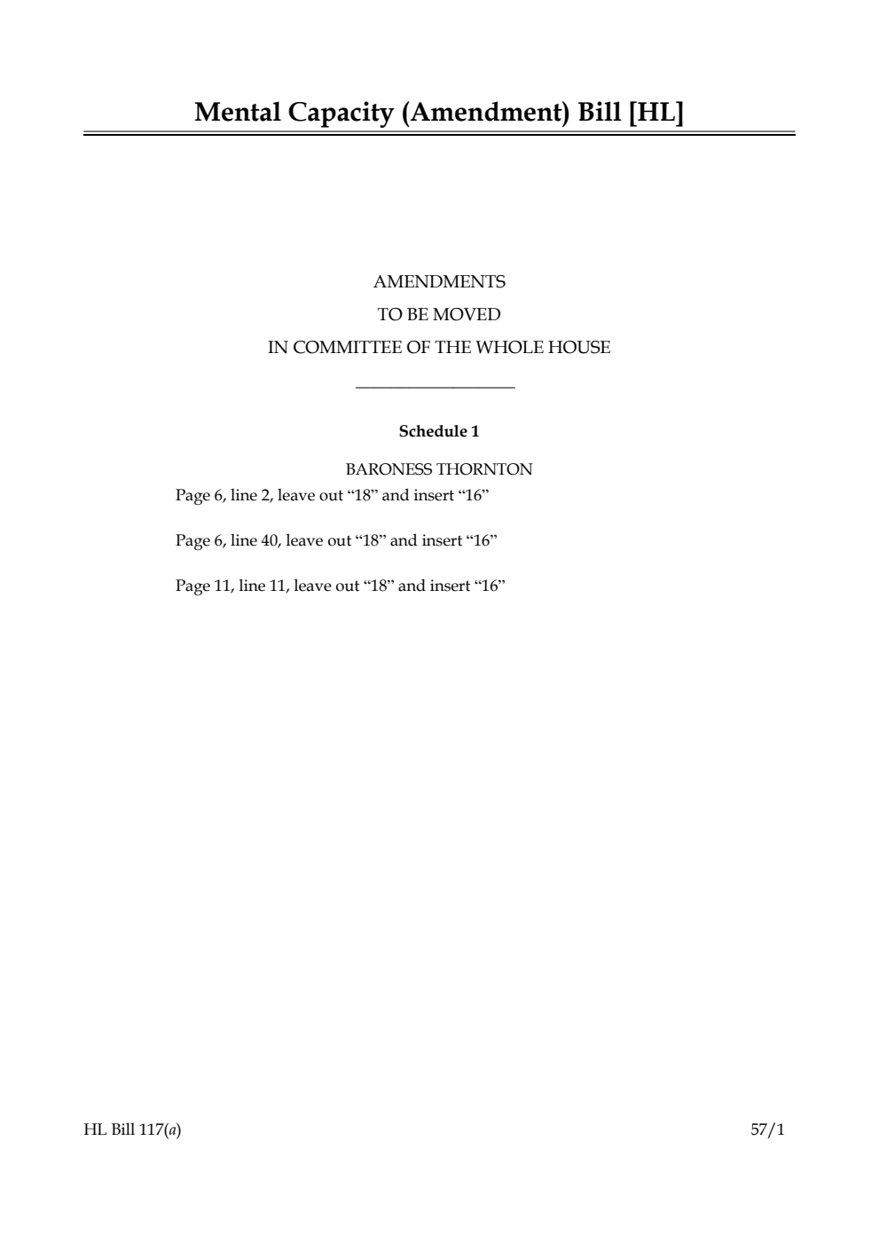 Mental Capacity (Amendment) Bill Amendments to be moved in Committee of the Whole House