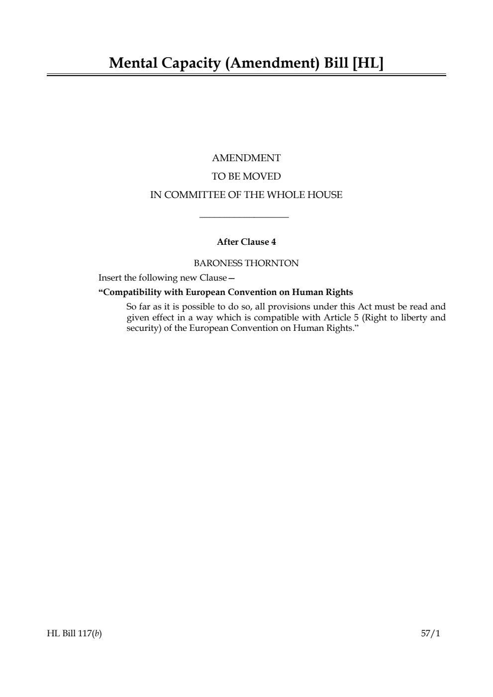 Mental Capacity (Amendment) Bill Amendments to be moved in Committee of the Whole House