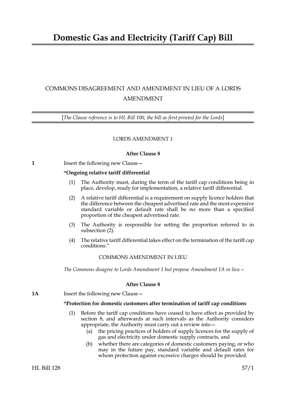 Domestic Gas and Electricity (Tariff Cap) Bill Commons disagreement and amendment in lieu of a Lords amendment