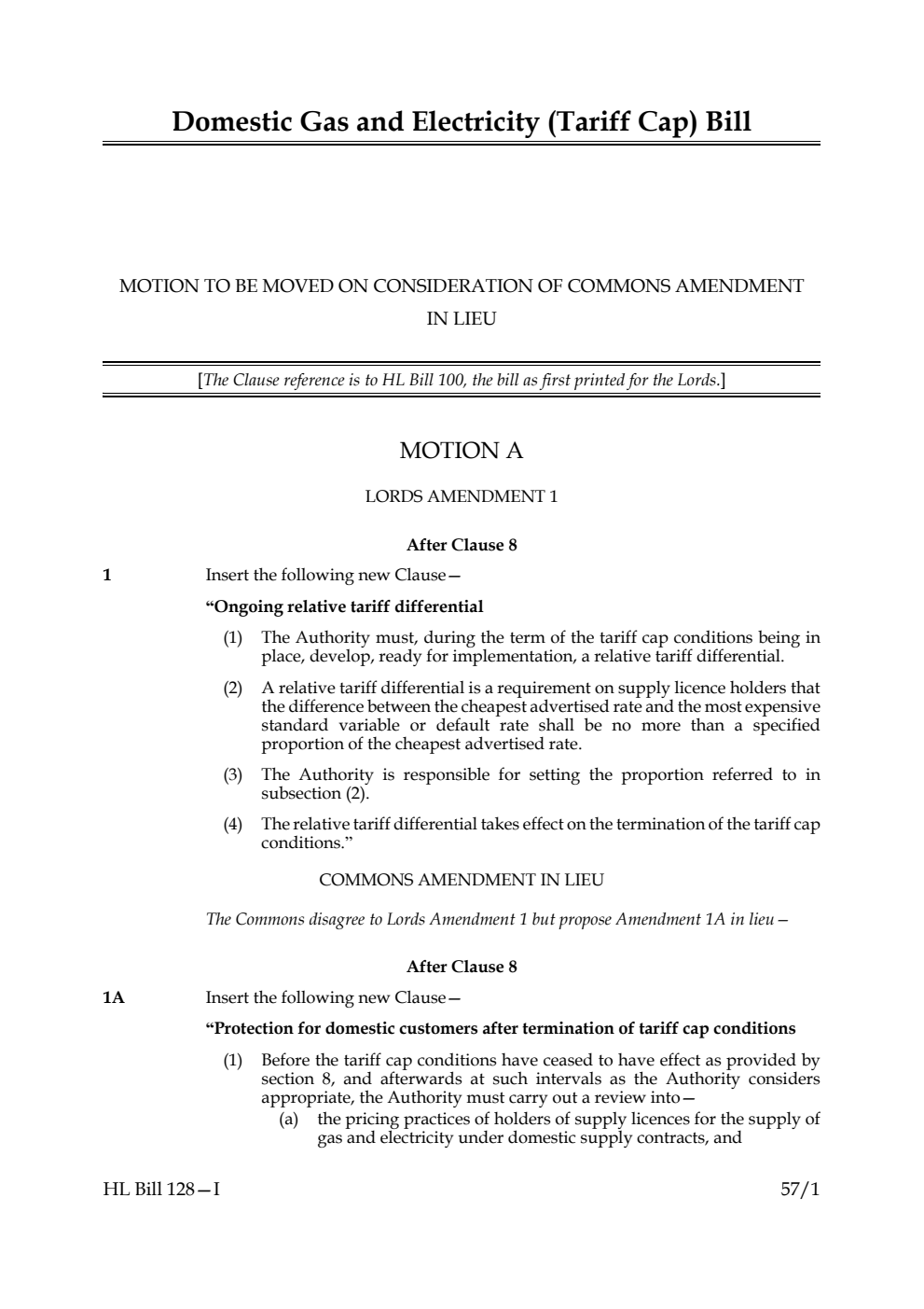 Domestic Gas and Electricity (Tariff Cap) Bill Motion to be moved on consideration of Commons amendment in lieu