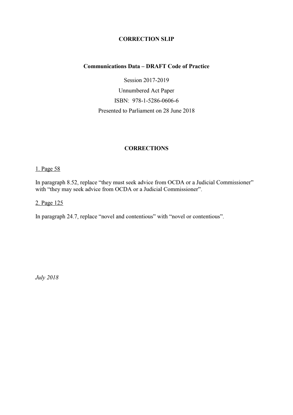 Communications Data DRAFT Code of Practice. June 2018 Correction Slip