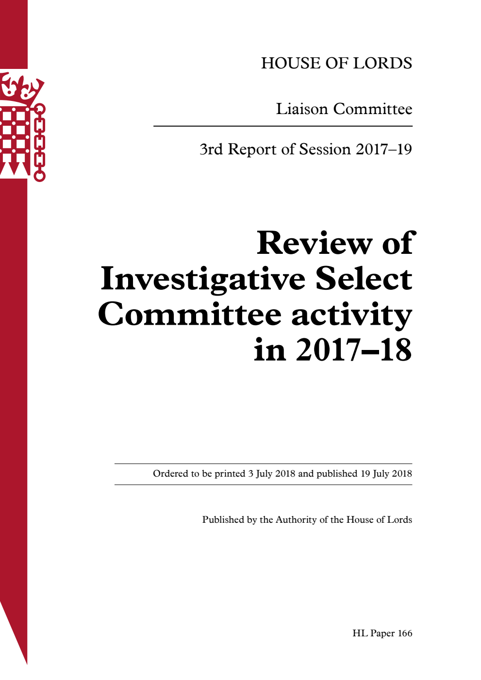 Liaison Committee 3rd Report. Review of Investigative Select Committee activity in 2017–18