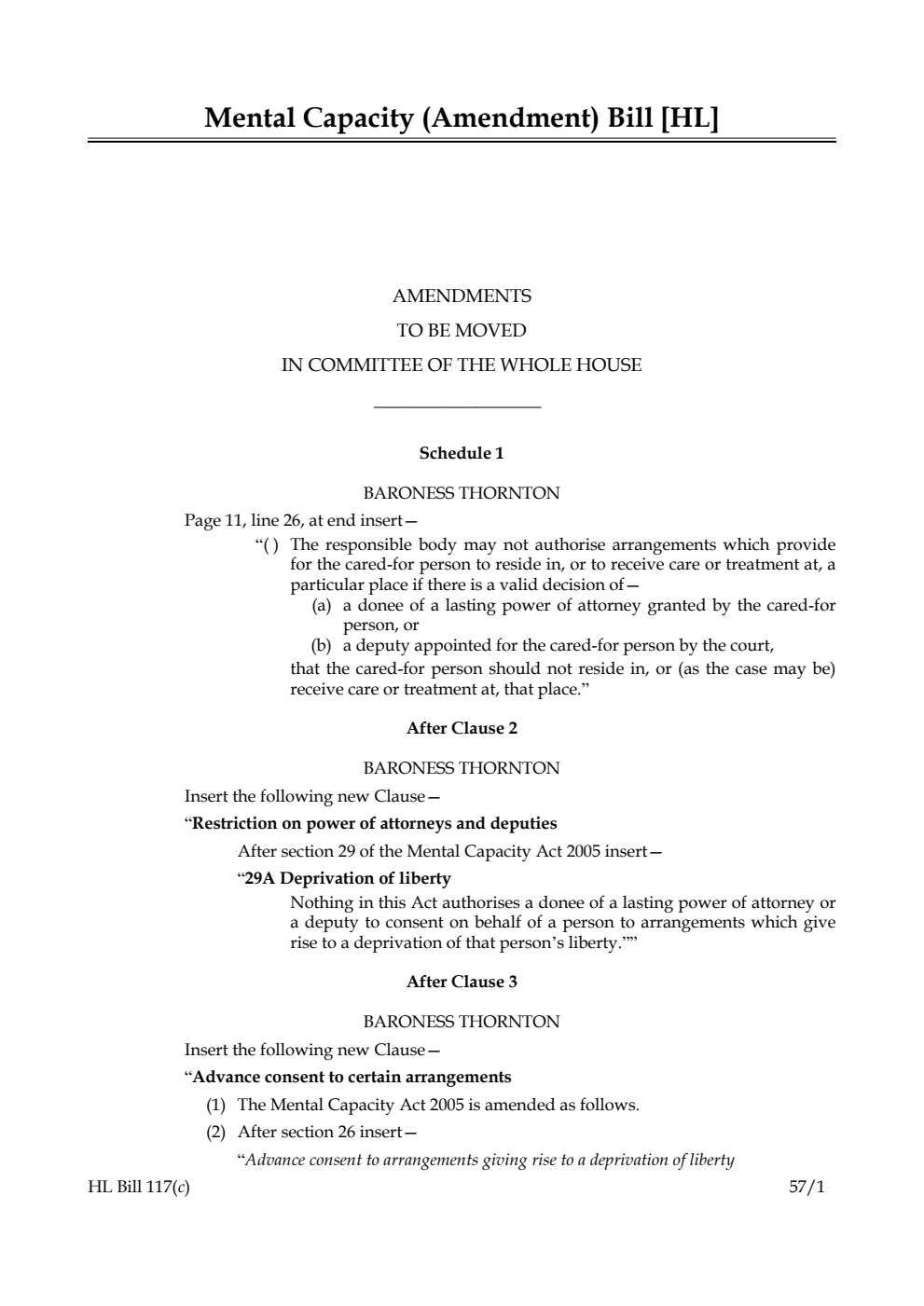 Mental Capacity (Amendment) Bill Amendments to be moved in Committee of the Whole House