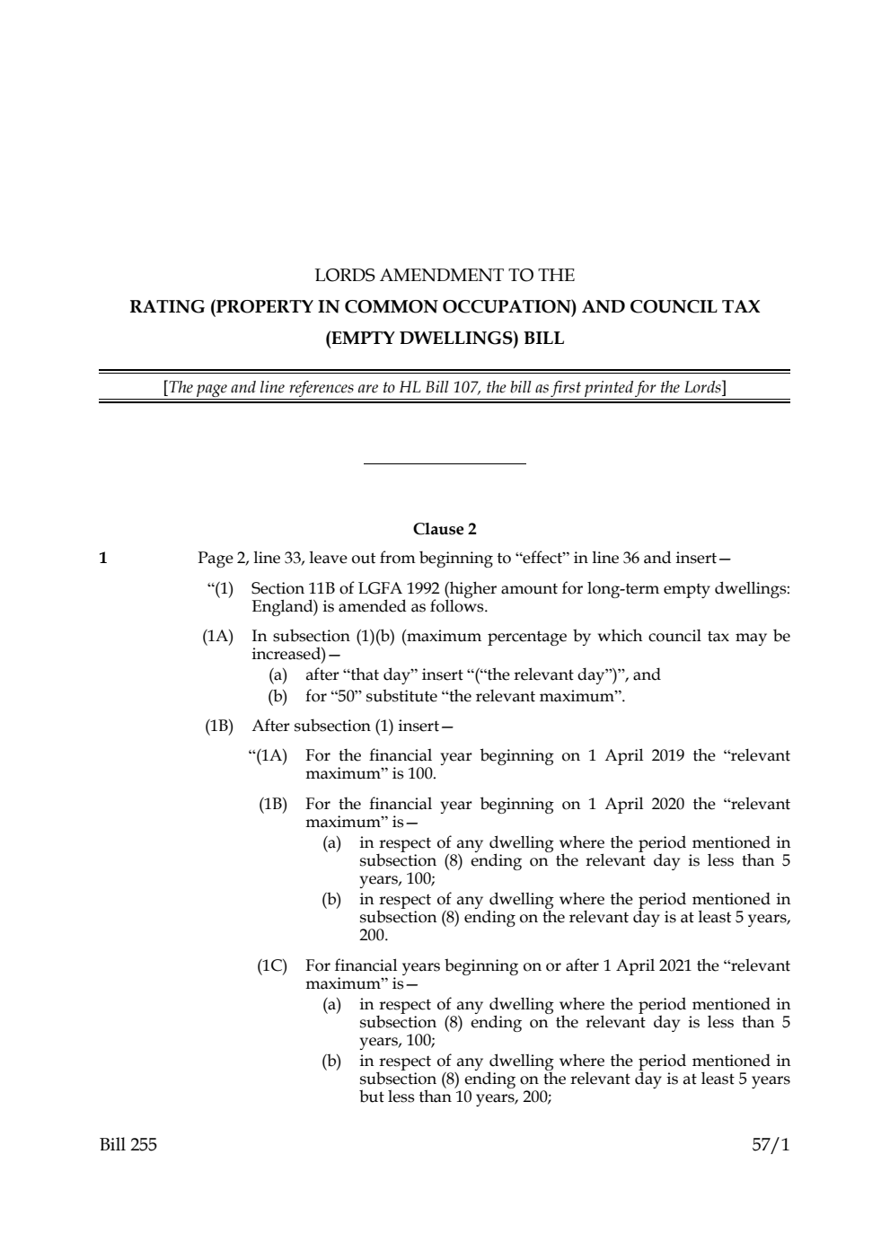 Lords amendment to the Rating (Property in Common Occupation) and Council Tax (Empty Dwellings) Bill