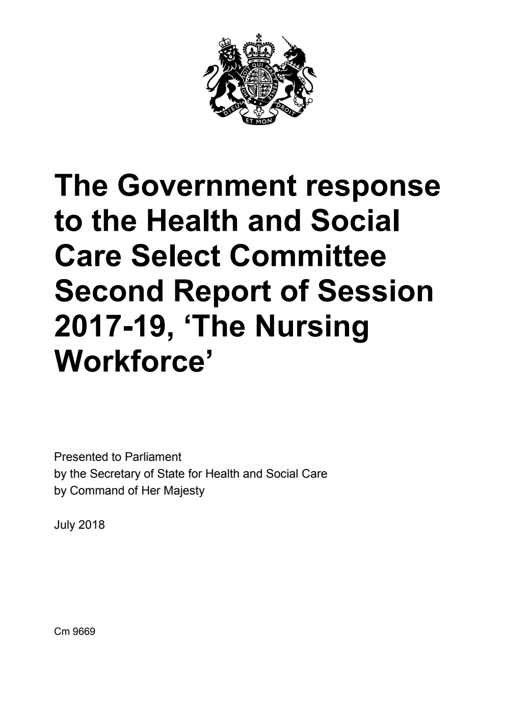 The Government response to the Health and Social Care Select Committee Second Report of Session 2017-19, ‘The Nursing Workforce’
